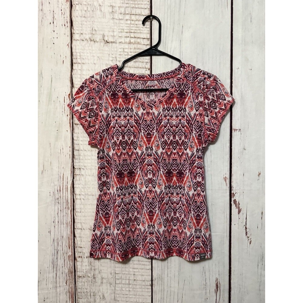 Title Nine Matahari Geometric Short Sleeve Shirt Logo Pink Size XS